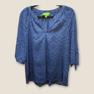 Pappagallo Blue Chevron Metallic Sheer 3/4 Sleeve‎ Blouse Top Size S